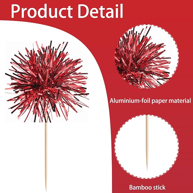 40 PCS Foil Firework Cupcake Toppers Sparkle Tinsel Cupcakae Picks Sparkler - Image 3