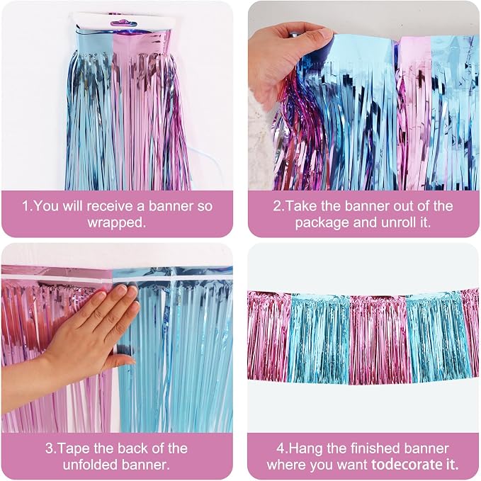 BEISHIDA Pink Blue Fringe Garland Banner 30ft Wall Tinsel Foil Streamers | 3Pack - Image 3