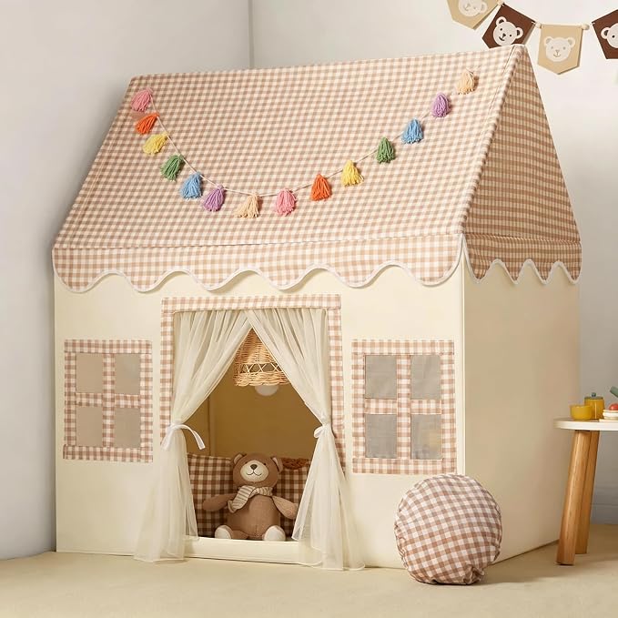 Kids Play Tent Indoor: with Brown Checkered, Rainbow Tissue Garland by Senodeer