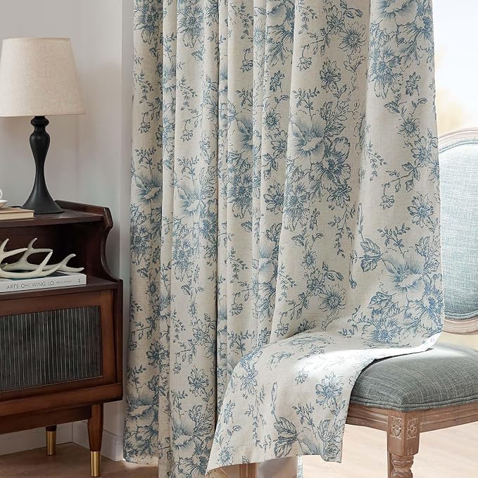 jinchan Blue Floral Linen Blackout Curtains Lined 63 Inch Back Tab 2 Panels | - Image 8