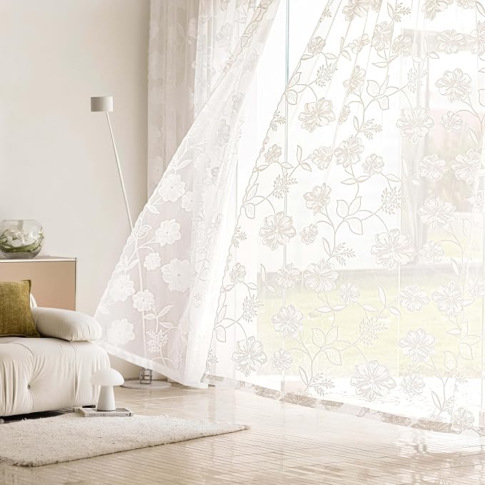 White Lace Sheer Curtains for Living Room 84inch Vintage Rose Botanical Floral - Image 2