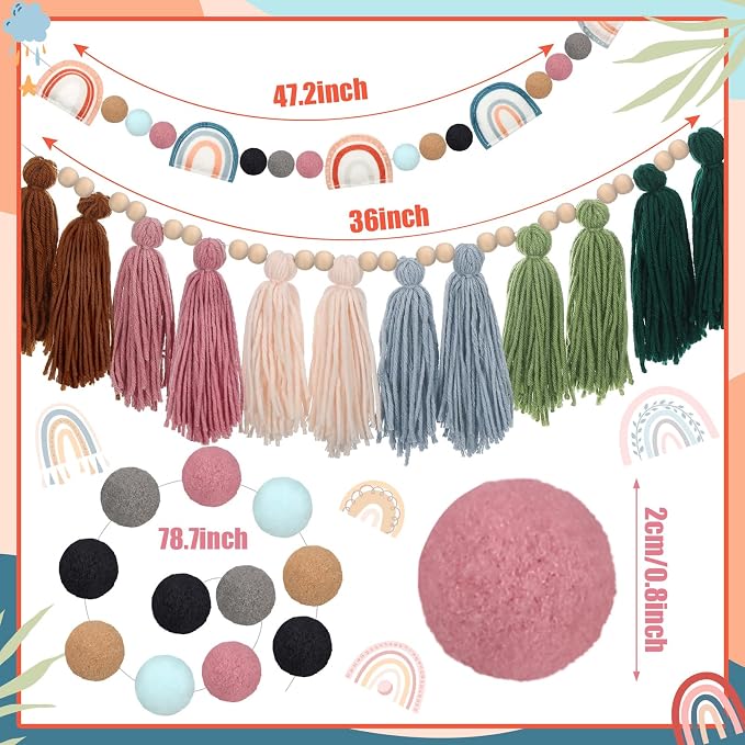 Hahafelt 4 Pcs Sage Green Boho Tassel Garland Boho Back to School Wall Hanging - Image 2