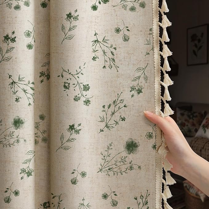 Boho Floral 100% Blackout Curtains 84 Inch 2 Panels Dark Green | Farmhouse by Unknown