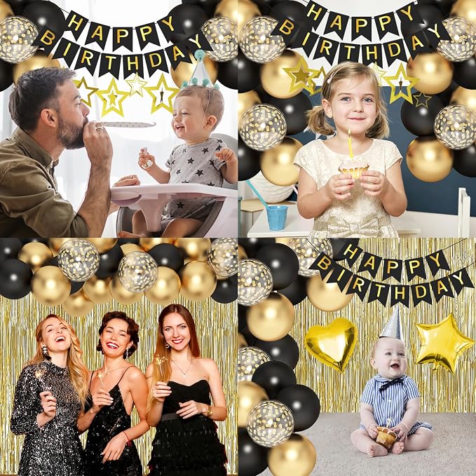 Black Gold Birthday Decorations, Hanging Swirls, Cake Toppers - Image 7
