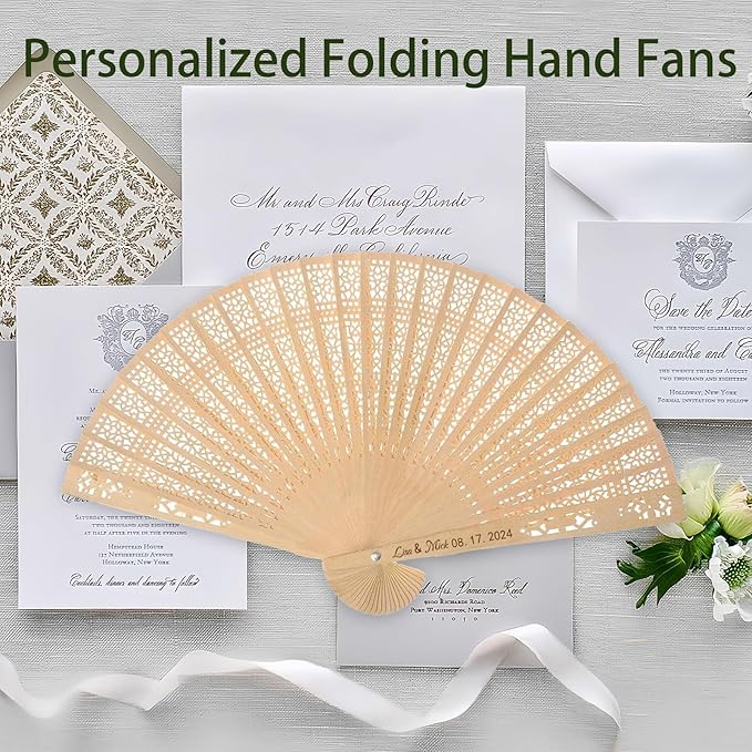 100Pcs Wedding Fans Personalized Folding Hand Fans Custom Sandalwood Wedding Fans with Organza Bags Wedding Party Favor Wedding Fans for Guests (30)