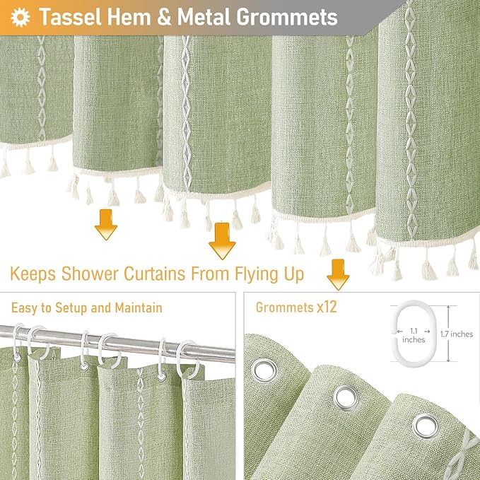 72x96 Extra Long Boho Linen Heavy Duty Shower Curtain Set, Sage Green | Extra - Image 5