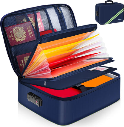 Noiposi Important Document Organizer, Waterproof and Fireproof Document Box with 7 Pockets File Folder,Portable Home Fire Safe Storage Box Case with Lock for Documents,File and Card,Blue