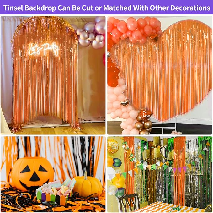 JINSUI Orange Fringe Backdrop 3.3x8.2ft, 2 Pack Foil Tinsel Curtains Decor | - Image 5