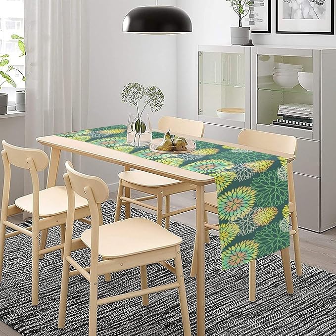 Green Dahlia Flower Table Runner, Linen Geometric Pattern Floral Table Decor Spring Farmhouse Decorations for Kitchen Dining Holiday Party Decor, 13x60 Inch