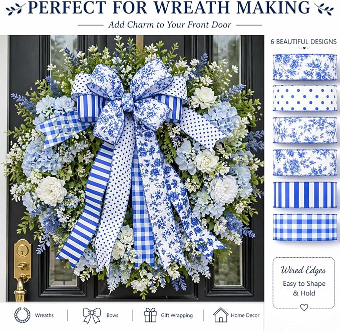 Blue and White Wired Ribbon Set, 6 Rolls 2.5 Inch Decorative Ribbon, - Image 6