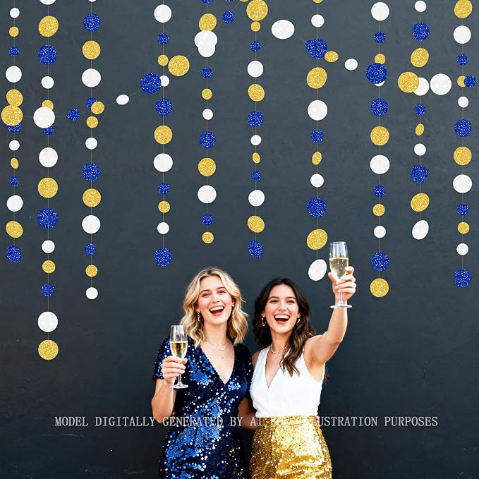 Royal Blue Gold White Party Polka Dot Garland Dark Blue Glitter Gold White - Image 7