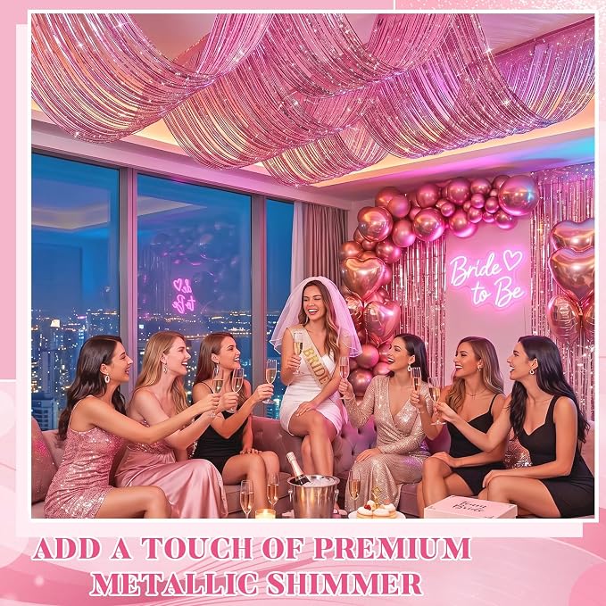 8 Pcs Iridescent Pink 15ft Metallic Foil Ceiling Fringe Curtains - Image 4