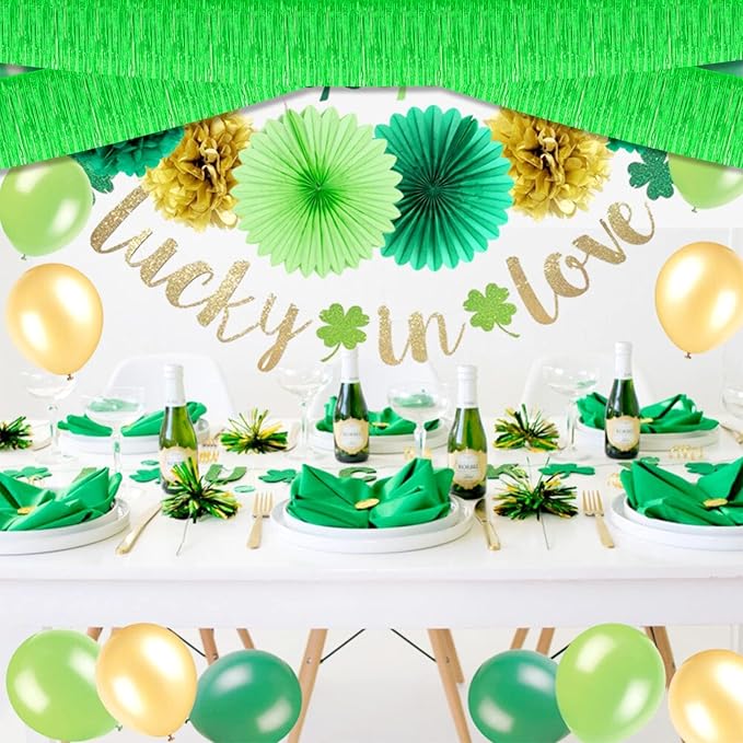 10 Pack 10 Feet Foil Fringe Garland Metallic Tinsel Streamers Banner Wall Hanging Curtain Backdrop for Parade Floats, Bachelorette, Wedding, Birthday, St Patrick Day, Party Decorations(Green)