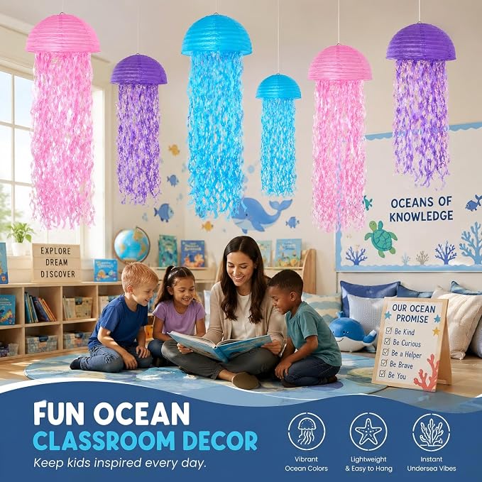 6-Pack Jellyfish Paper Lanterns, Under the Sea Party Decorations | 10-Inch Pink - Image 6