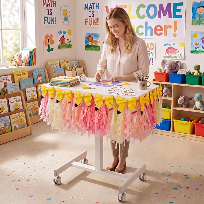 2 Pcs Teacher Table Skirt Desk Garland Decor | Pencil Bow, Standing Rolling Desk - Image 6