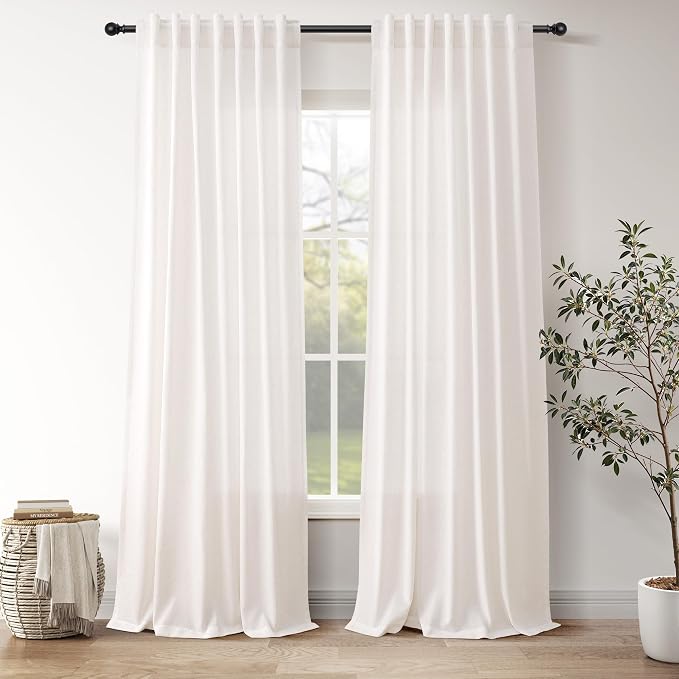 Ivory White Linen Curtains for Living Room 105 Inches Long Light Filtering Semi by Nanspring