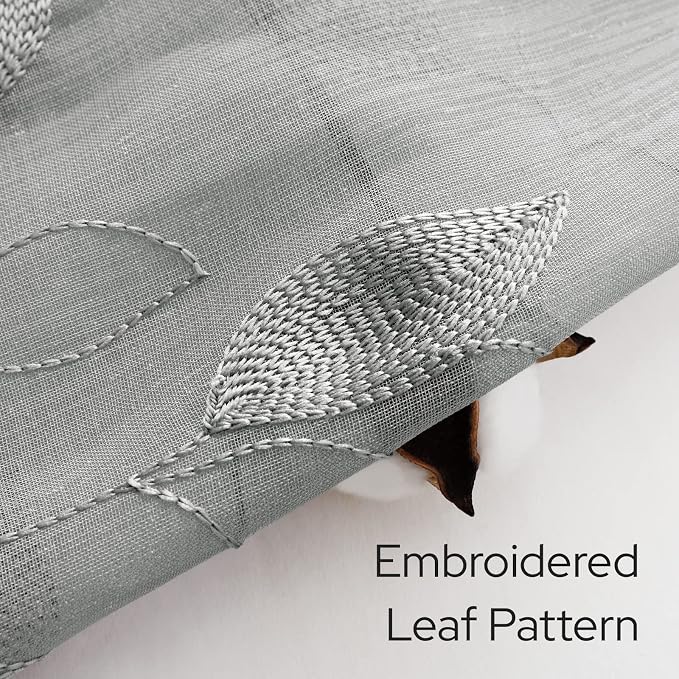 HOMEIDEAS Grey Sheer Kitchen Curtains 30 X 36 Inch Length 2 Panels Embroidered - Image 2