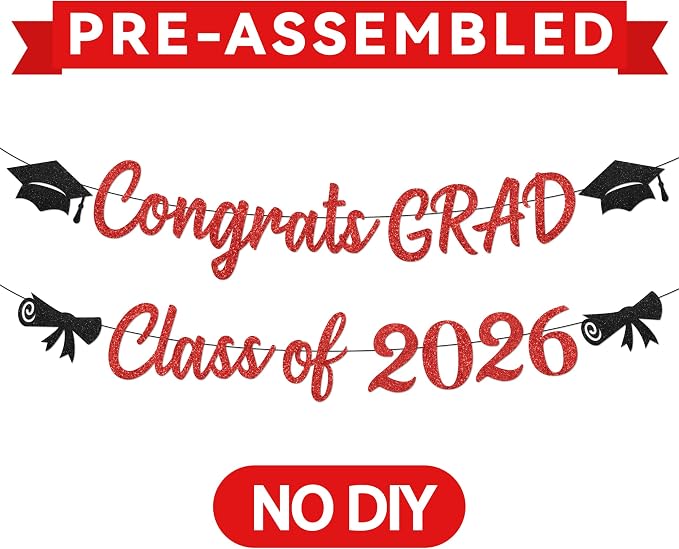 Glitter Red Graduation Decorations Banner, Congrats Grad Banner and Graduation - Image 7