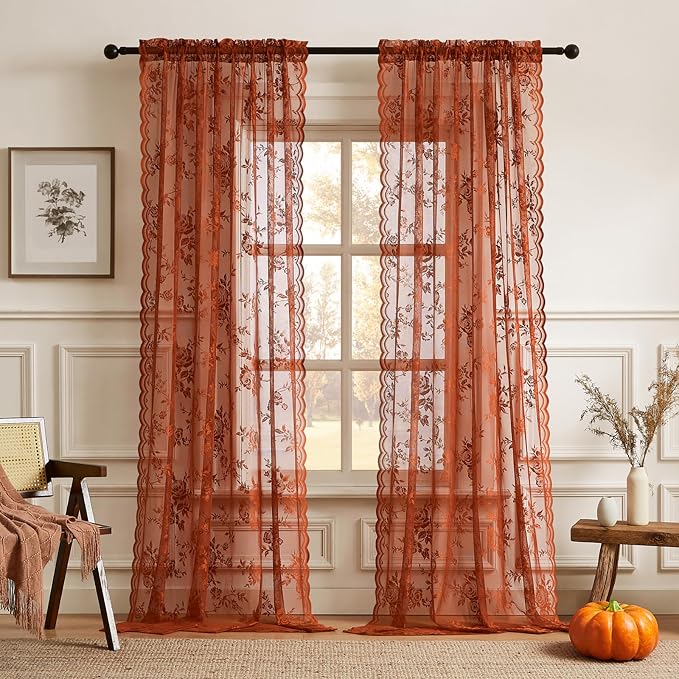 Burnt Orange Lace Curtains Short Victorian Floral Sheer Curtains 45 Inch Length - Image 2