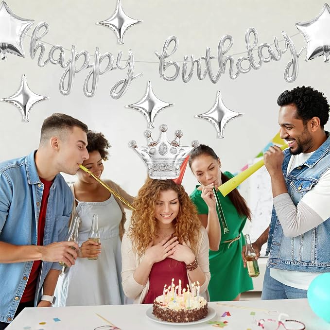 Silver Happy Birthday Balloons Banner 18 Inch Script/Cursive Foil Mylar Letter - Image 2