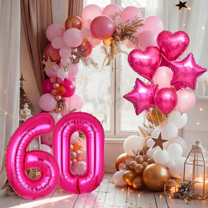 40 Inch Number Balloon Hot Pink 60 Set Pink Theme 60th Birthday Decor 10Pcs | - Image 4