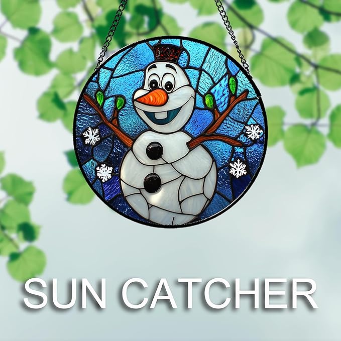 Stained Glass Window Hanging Christmas Funny Snowman 7.8" - Suncatcher Door Garden Blue White Snowflakes Sun Catcher New Year Birthday for Friend Mom Men Woman Nana