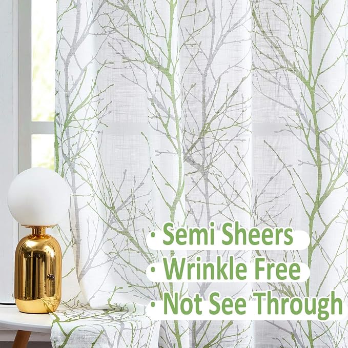 FMFUNCTEX Linen Sage Green White Semi Sheer Print Curtains 45 Inch 2 Panels | - Image 3