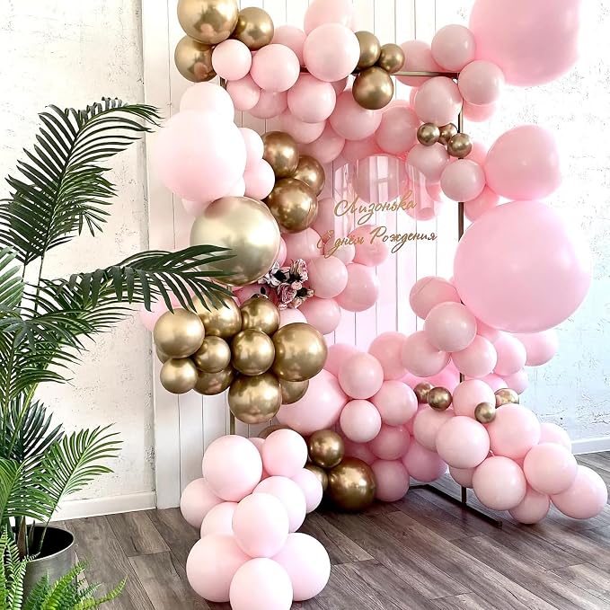 Pink Gold Balloons, 12 Inch Metallic Gold Confetti Balloons Macaron Pink Latex - Image 6