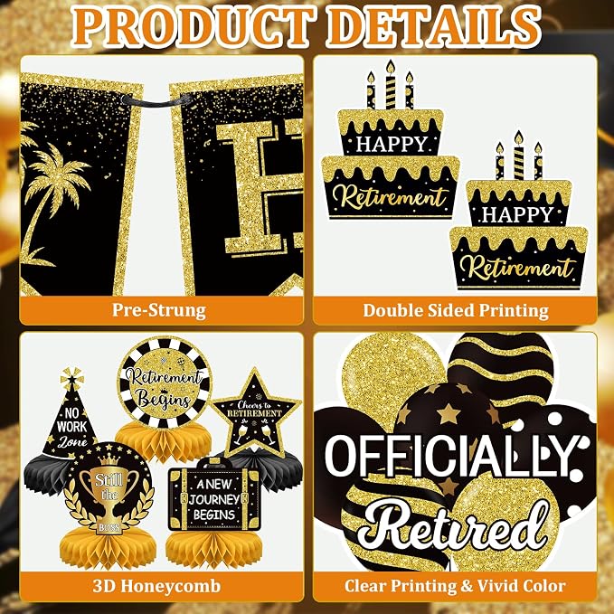Retirement Party Decorations Black and Gold Happy Retirement Banner - Image 3