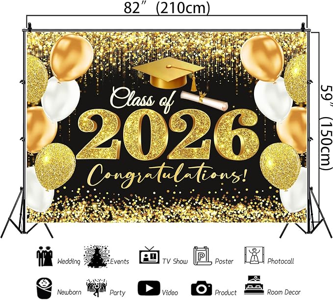 Gold Black Graduation Backdrop Decorations 2026 7x5ft Class of 2026 - Image 7