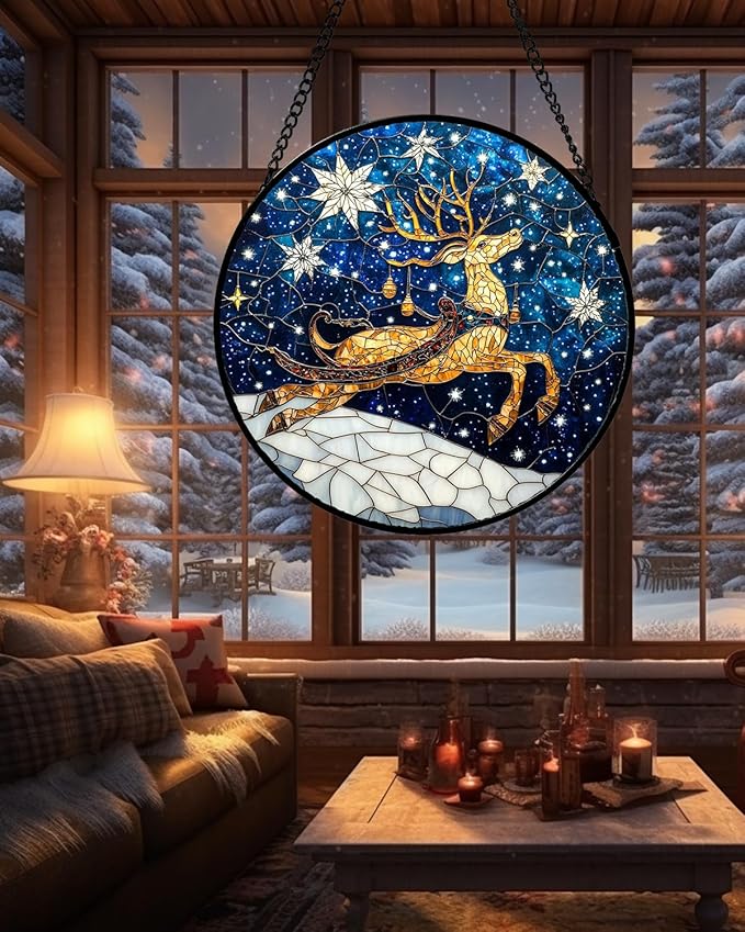 Stained Glass Window Hanging - Reindeer Blue Starry Sky Suncatcher for Doors Home Christmas Decoration Winter Sun Catcher Thanksgiving New Year Birthday Gifts for Women Men Mom Nana 6.3 in