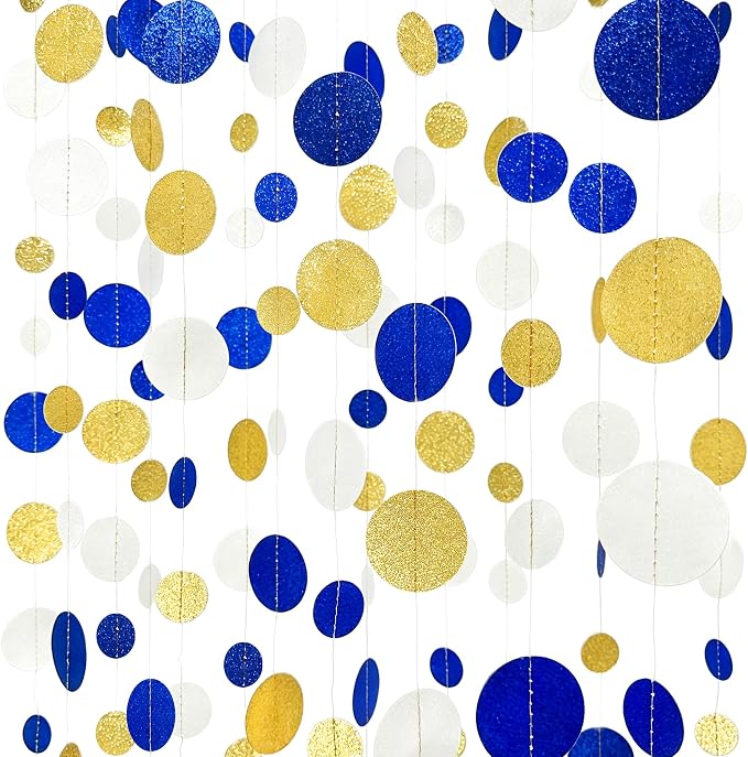 Royal Blue Gold White Party Polka Dot Garland Dark Blue Glitter Gold White - Image 3