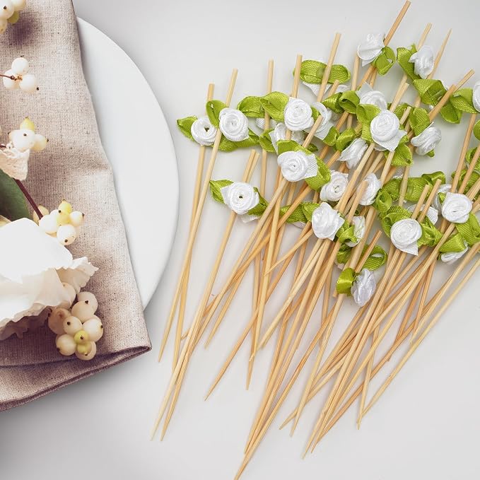 Minisland White Rose Flower Cocktail Picks, 4.7 Inch Long Bamboo Fancy - Image 3