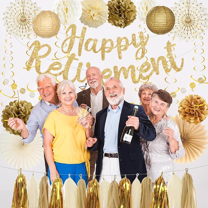 Roetyce Gold Retirement Party Decorations, Glitter Happy Retirement Banner | - Image 6