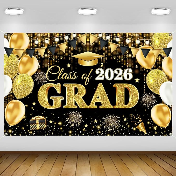 2026 Graduation Decorations Banner Black Gold Class of 2026 Grad Banner by Retyshiaphoto