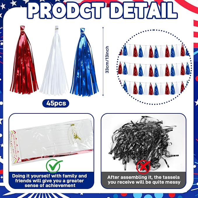Morofme Red White Blue Foil Fringe Garland 45pcs Patriotic Tassel Banner 4th of - Image 2