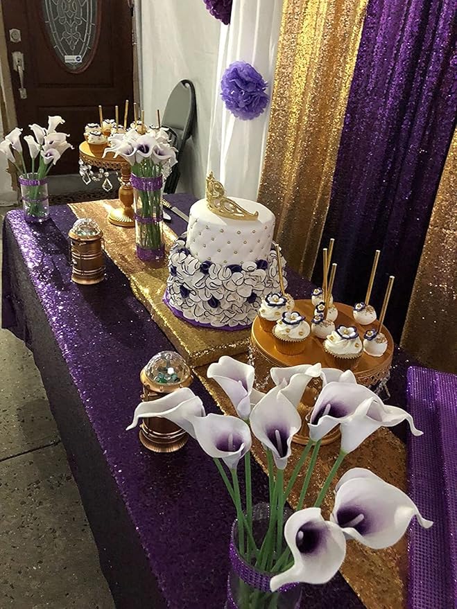 QueenDream Tablecloth 90x156 Rectangle Sequin Tablecloth Purple Wedding Table Linens Glitter Birthday Bridal Party Indoor Outdoor Decorations