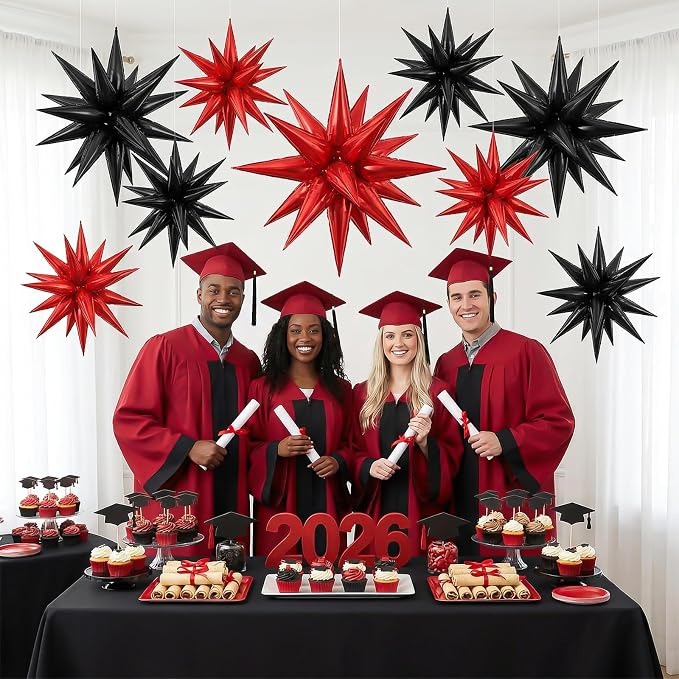 9Pcs Red and Black Star Balloons, Large Explosion Foil Balloons, Metallic Mylar - Image 4