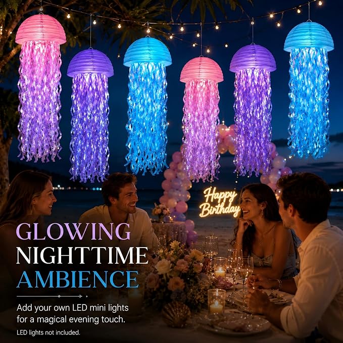 6-Pack Jellyfish Paper Lanterns, Under the Sea Party Decorations | 10-Inch Pink - Image 7