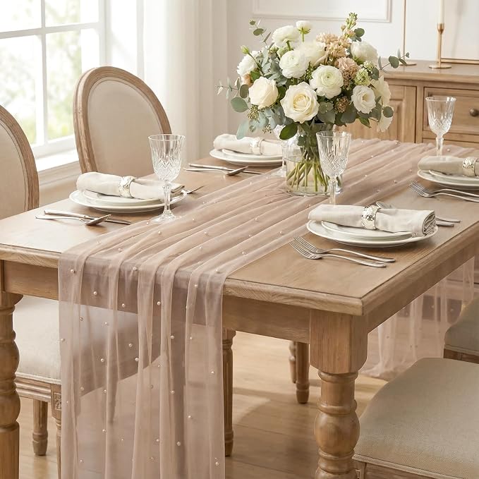Artoid Mode Pearl Tan Gauze Table Runner 120 Inch 10FT, Seasonal Sheer Dining - Image 5