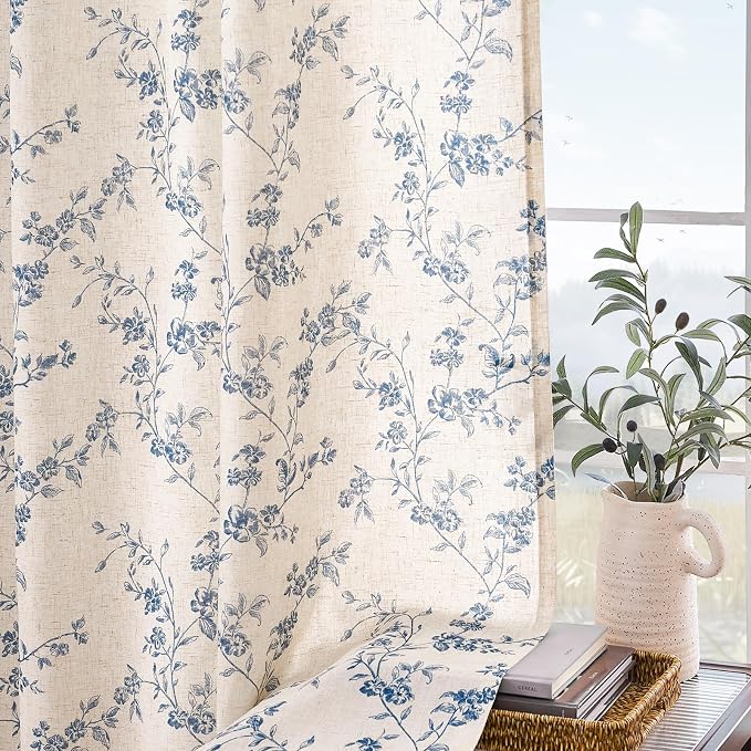 Blue Vintage Floral Linen Curtains Farmhouse 38W X 84L 2 Panels | Elisa Series - Image 8