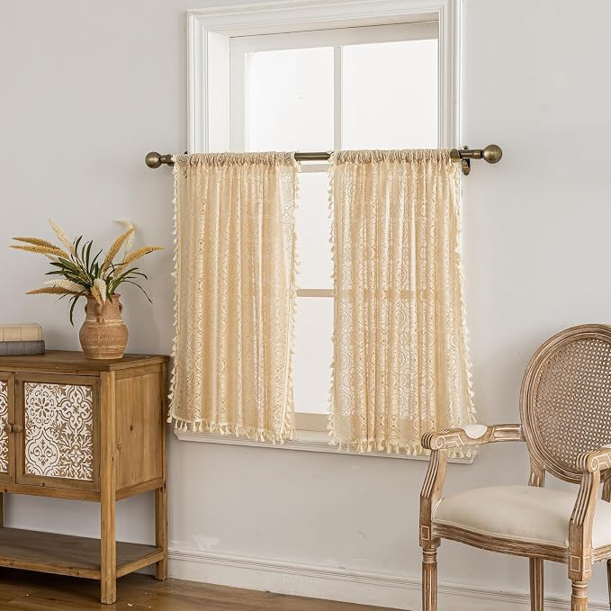YJ YANJUN Boho Lace Curtains 30 inch Length 2 Panels, Vintage Floral Crochet - Image 4