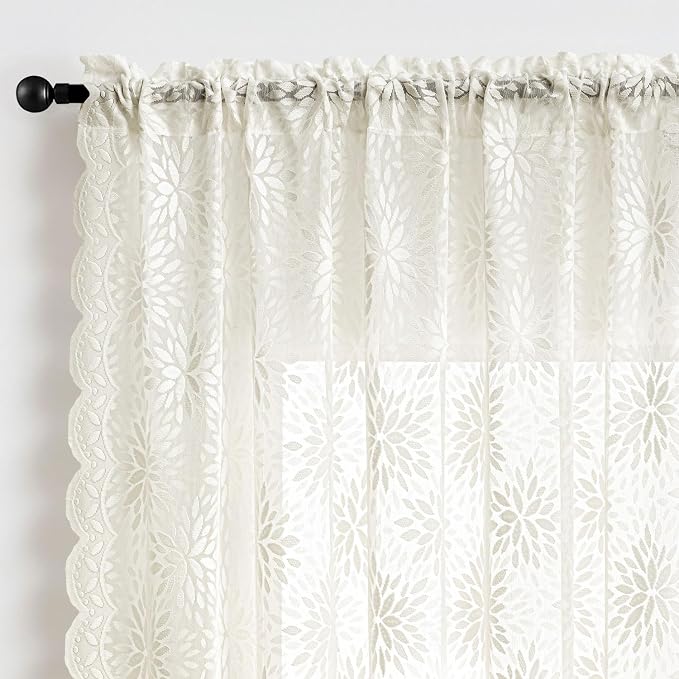 MIULEE Vintage Floral Scalloped Lace Curtains 2 Panels, Ivory 52" W x 72" L | - Image 6