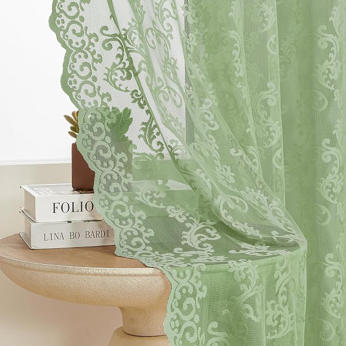 Sage Green Lace Curtains 72 Inches Long 2 Panels Country Vintage Sheer Lace - Image 4