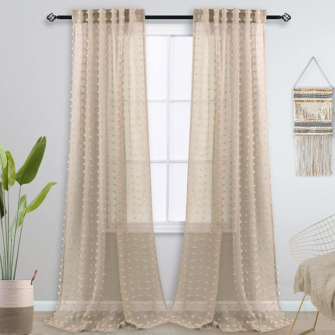 KOUFALL Light Tan Back Tab Rod Pocket Pom Pom Sheer Curtains - Image 2