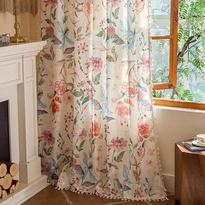 Floral Semi Sheer Rod Pocket Living Room 2 Panel Curtains 63 Inch Length | - Image 7