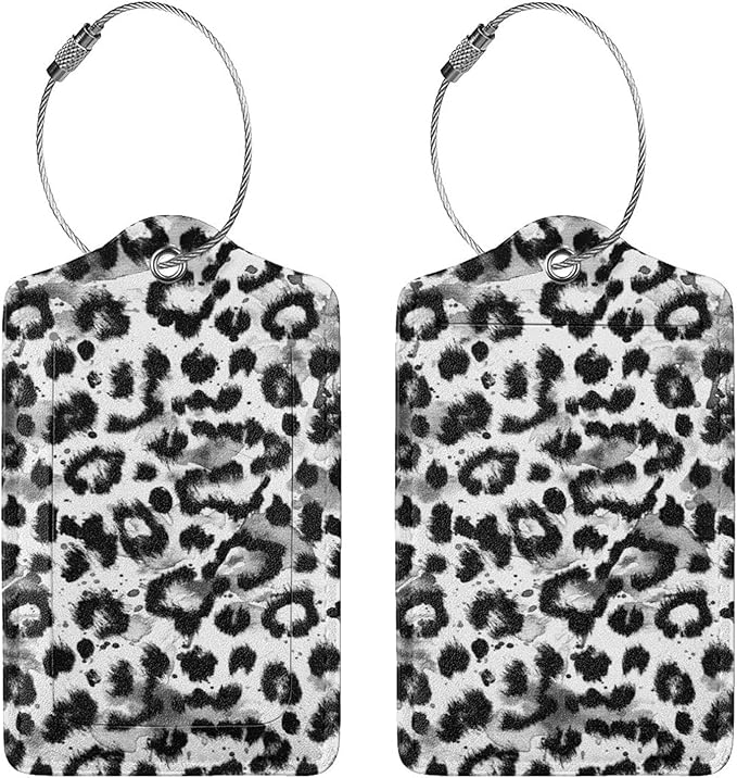 Leopard Print 2 Pcs Luggage Tags, Privacy Cover Id Label with Stainless Steel Loop and Address Card for Suitcases & Travel Bags