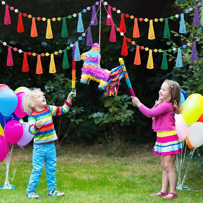 MARFOREVER 4 Pack 26.3 Ft Rainbow Tassel Pom Pom Garland Party Decorations | - Image 6