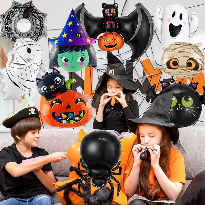 9Pcs Halloween Balloons Decoration Set, Foil Ghost, Spider Web, Pumpkin & Bat - Image 2