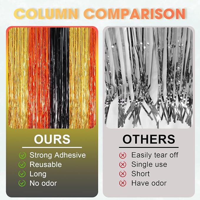 Voircoloria Black Gold Orange Fringe Backdrop Curtains, 2 Pack | Tinsel - Image 3